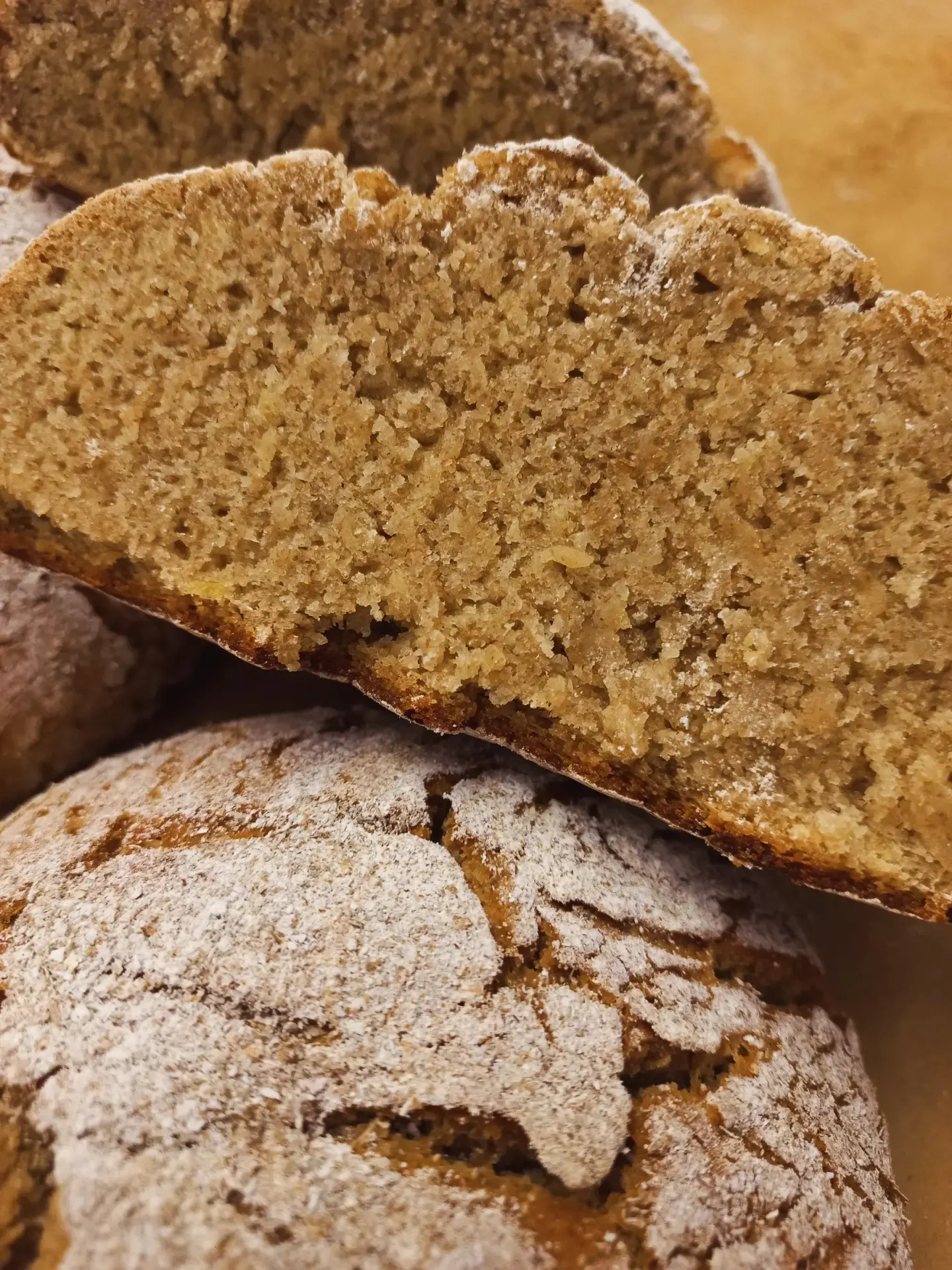 Pão rústico aberto, com miolo alveolar