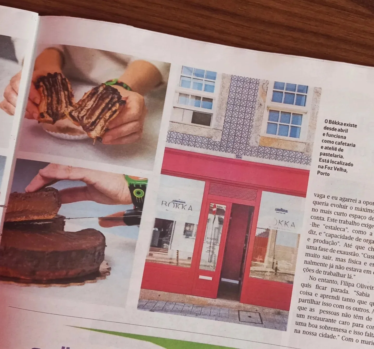 Páginas da reportagem, com a babka, o cheesecake e a fachada